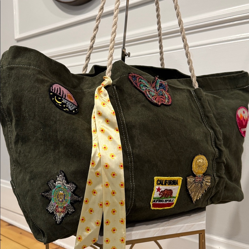 Free People Been There Badge Green Oversized Large Weekender Travel Tote